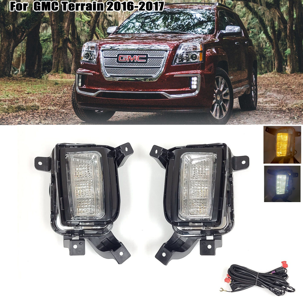 Clear Lens LED Fog Lights Kit For 2016-2017 GMC Terrain Denali, SL, SLE, SLT Trim Replacement Bezel Day Time Running Light DRL Amber Signal With Wires OEM# 84042389, 84042390 GM2562112, GM2563112,23372631, 23372632 GM1038190, GM1039190