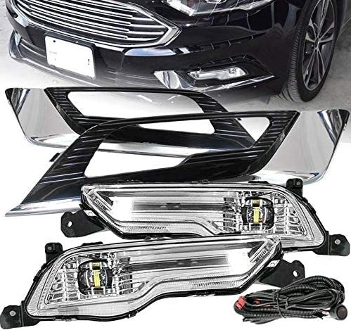 Built-in LED Fog Lights  for 2017-2018 Ford Fusion (OE Style Clear Lens with Switch, Bezels, Wires) OE#F1EZ15266D / F1EZ15266G, HS7Z15200F / HS7Z15201F