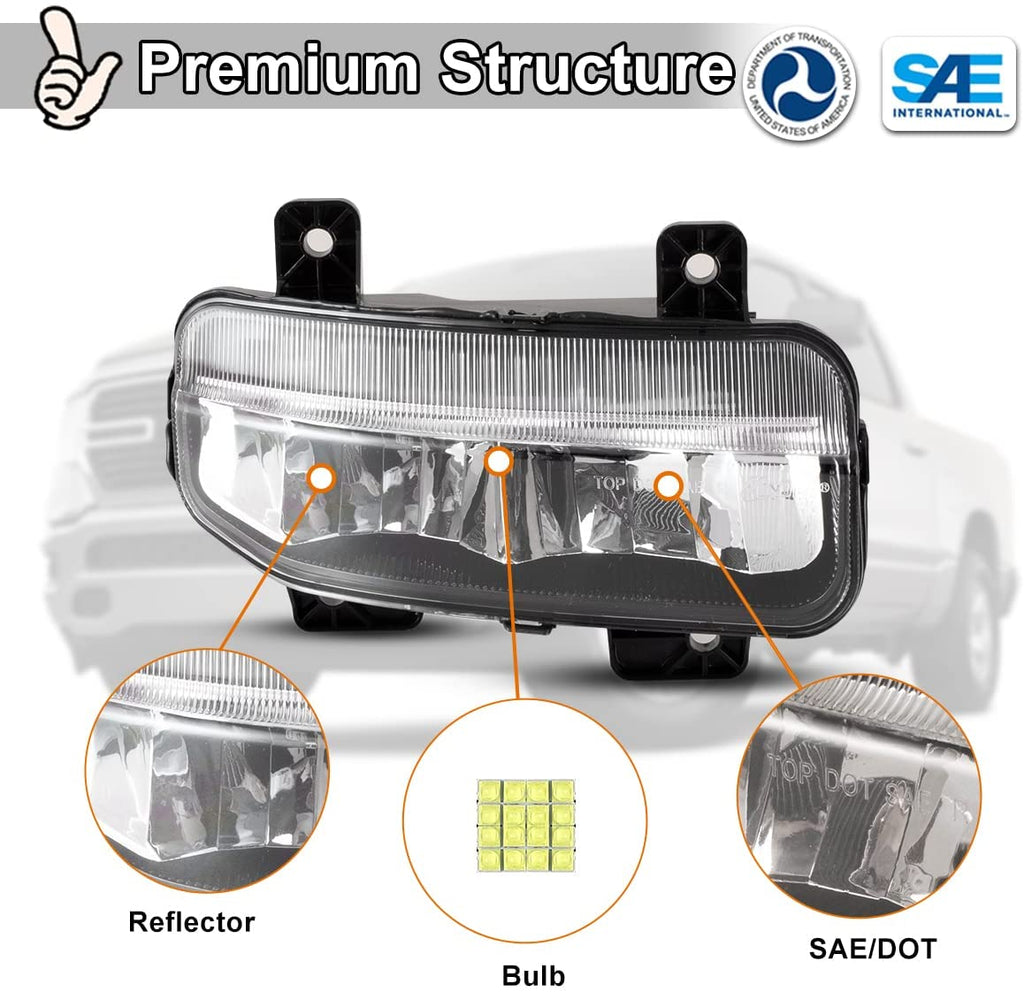 Clear Lens Fog Lights Kit For 2019-2024 Ram 2500 3500, OE Style Clear Lens Built-In LED Fog Lamps Assembly With Mounting Brackets Wire Harness Switch Bezels OEM# ‎68273291AB, 68273292AB, 68449338AA