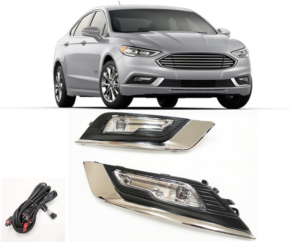 Built-in LED Fog Lights  for 2017-2018 Ford Fusion (OE Style Clear Lens with Switch, Bezels, Wires) OE#F1EZ15266D / F1EZ15266G, HS7Z15200F / HS7Z15201F