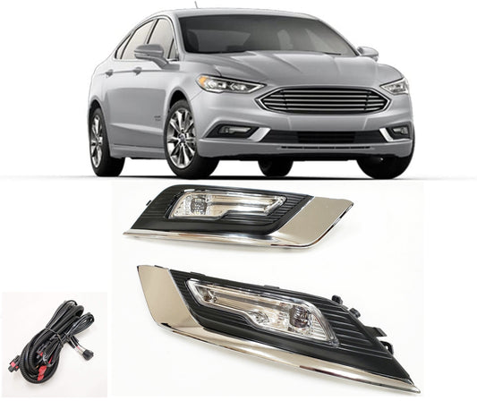Built-in LED Fog Lights  for 2017-2018 Ford Fusion (OE Style Clear Lens with Switch, Bezels, Wires) OE#F1EZ15266D / F1EZ15266G, HS7Z15200F / HS7Z15201F