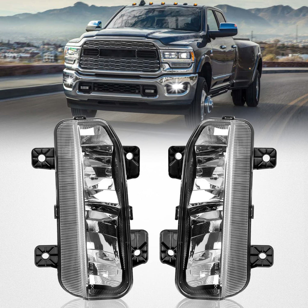 Clear Lens Fog Lights Kit For 2019-2024 Ram 2500 3500, OE Style Clear Lens Built-In LED Fog Lamps Assembly With Mounting Brackets Wire Harness Switch Bezels OEM# ‎68273291AB, 68273292AB, 68449338AA