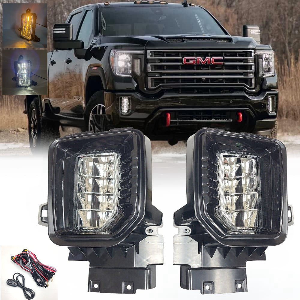 Clear Lens LED Fog Lights Kit For 2020 2021 2022 2023 GMC Sierra 2500HD 3500HD Base SLE SLT with Bezels Wires Switch Relay OEM#84513247, 84513246 GM2593331, GM2592331