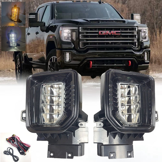 Clear Lens LED Fog Lights Kit For 2020 2021 2022 2023 GMC Sierra 2500HD 3500HD Base SLE SLT with Bezels Wires Switch Relay OEM#84513247, 84513246 GM2593331, GM2592331