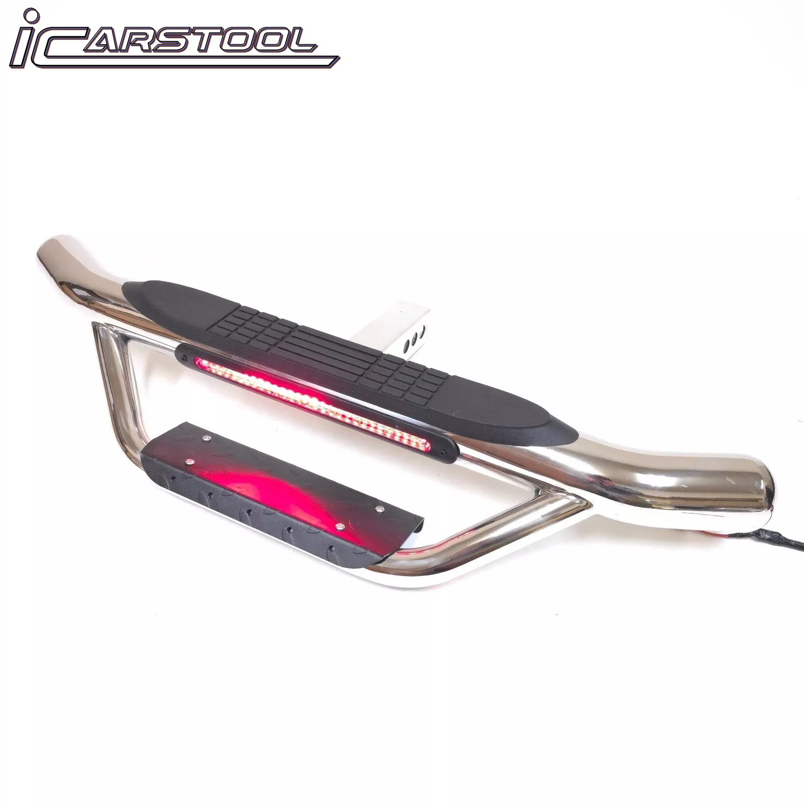 36" Tow Hitch Drop Step Bar Guard with LED Brake Light 6.5" Round End Chrome Finish for 2" Receiver Truck Heavy Duty Steel Anti Slip Pad