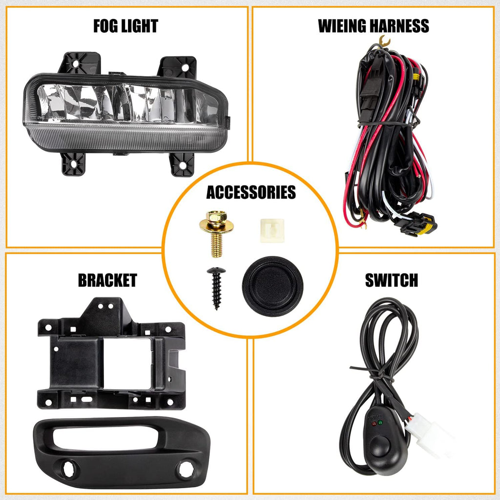 Clear Lens Fog Lights Kit For 2019-2024 Ram 2500 3500, OE Style Clear Lens Built-In LED Fog Lamps Assembly With Mounting Brackets Wire Harness Switch Bezels OEM# ‎68273291AB, 68273292AB, 68449338AA