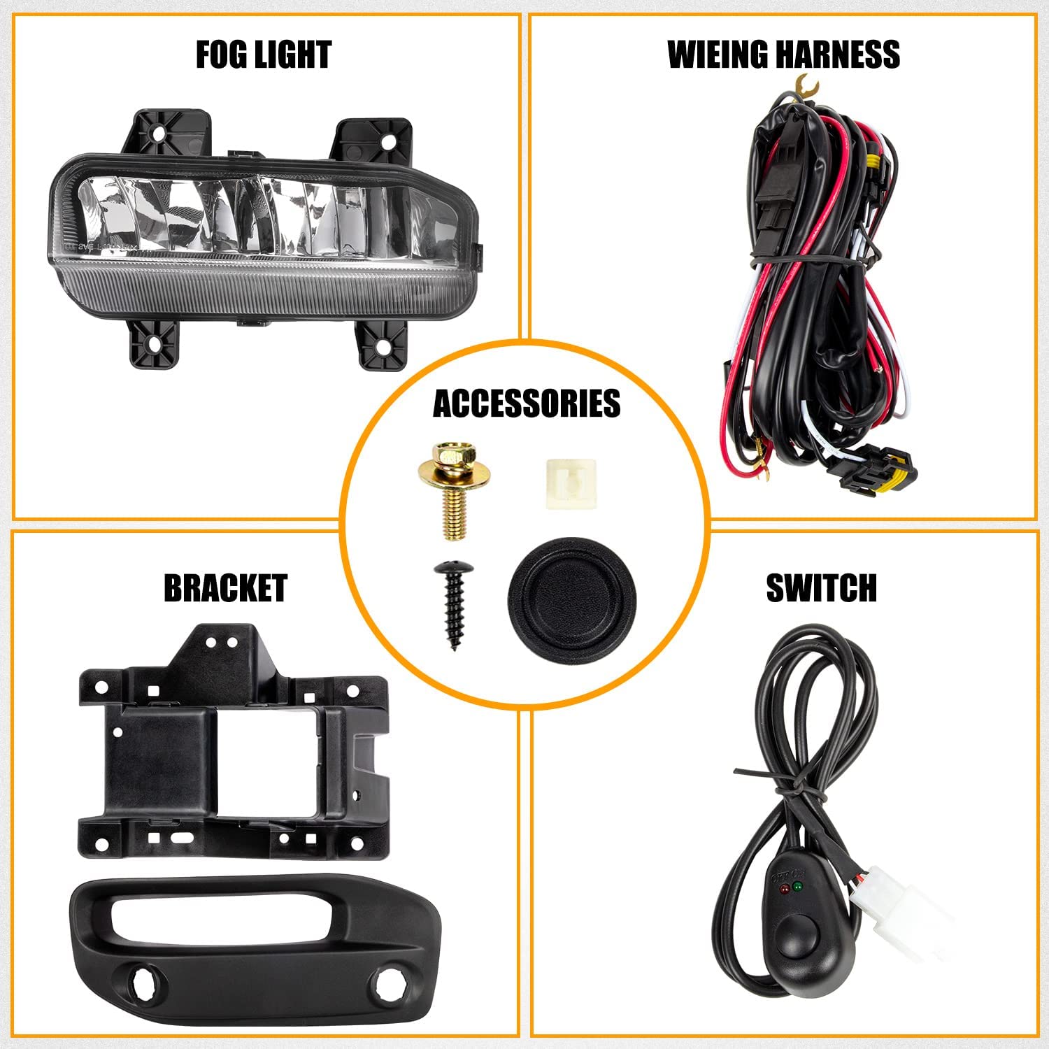Clear Lens Fog Lights Kit For 2019-2024 Ram 2500 3500, OE Style Clear Lens Built-In LED Fog Lamps Assembly With Mounting Brackets Wire Harness Switch Bezels OEM# ‎68273291AB, 68273292AB, 68449338AA