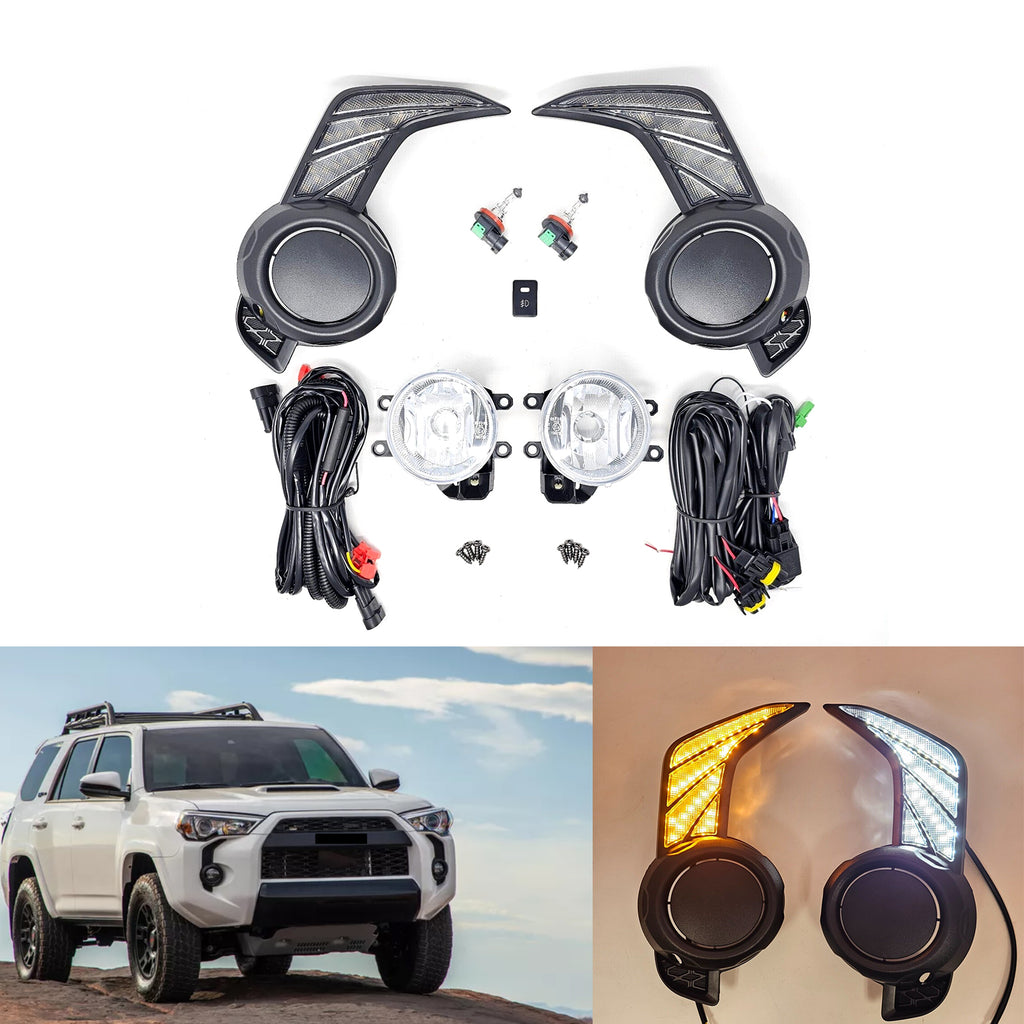 LED White DRL Amber Signal Fog Lights And Bezel Set For 2014-2023 Toyota 4Runner SR5 Base TRD Trail Sport OEM#5212735100, 5212835080 8121012230, 8122012230 TO1038173, TO1039173 TO2593126, TO2592126
