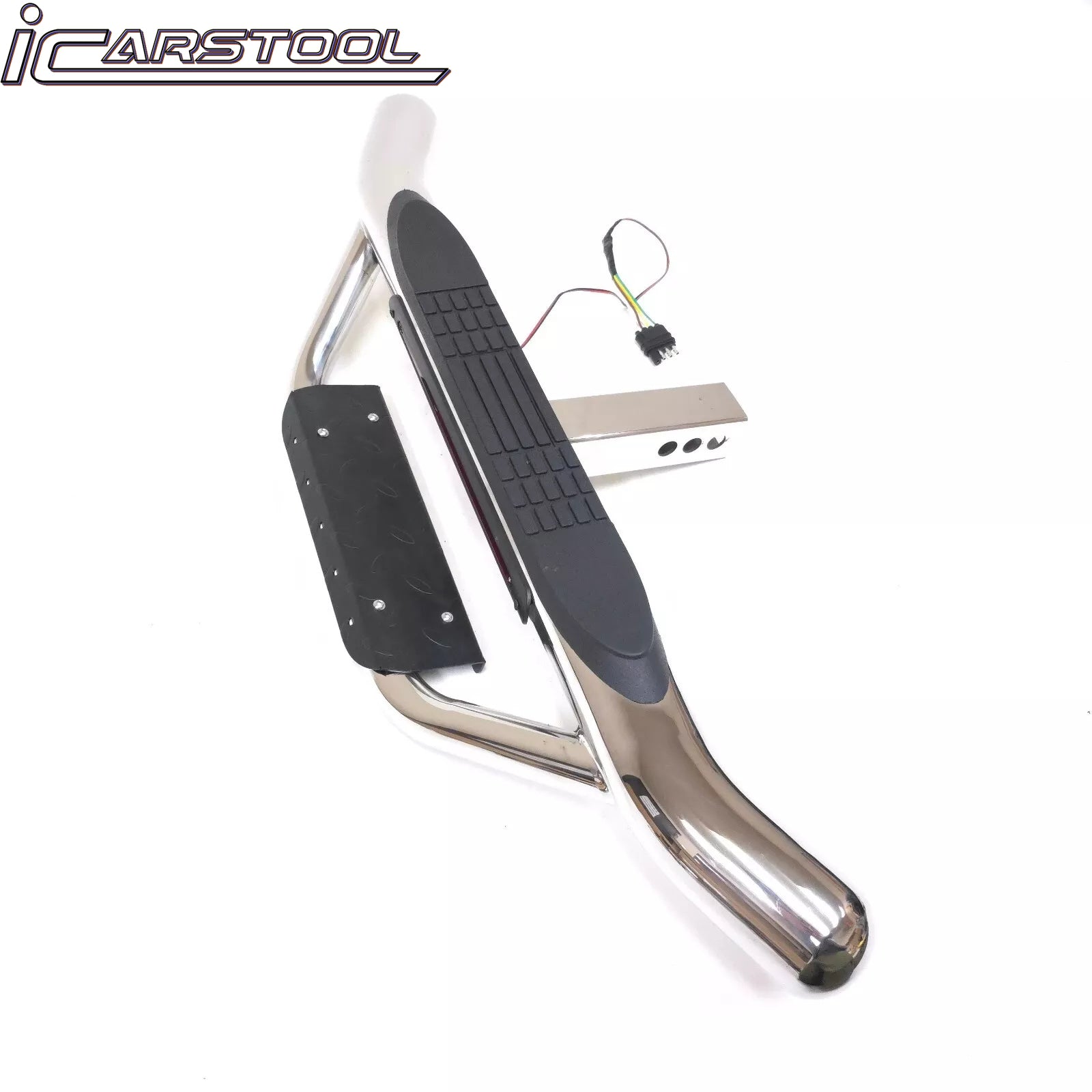 36" Tow Hitch Drop Step Bar Guard with LED Brake Light 6.5" Round End Chrome Finish for 2" Receiver Truck Heavy Duty Steel Anti Slip Pad