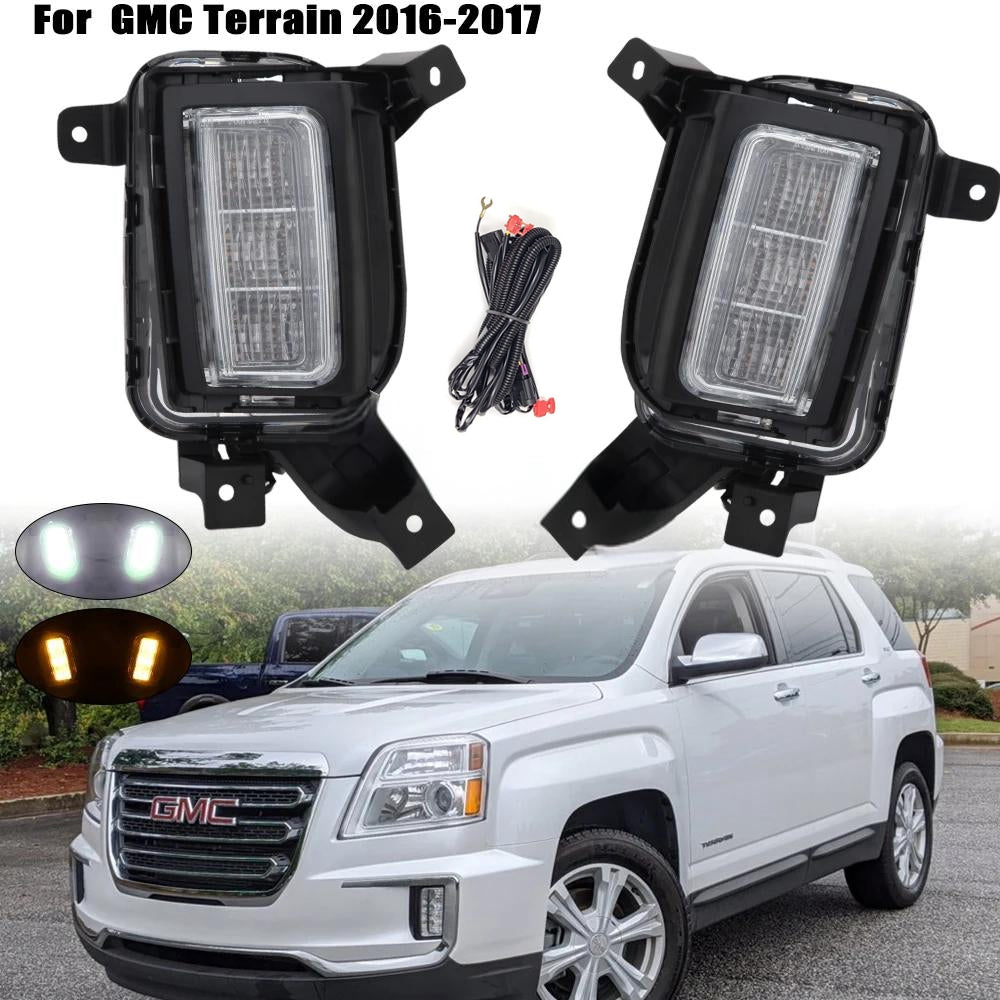 Clear Lens LED Fog Lights Kit For 2016-2017 GMC Terrain Denali, SL, SLE, SLT Trim Replacement Bezel Day Time Running Light DRL Amber Signal With Wires OEM# 84042389, 84042390 GM2562112, GM2563112,23372631, 23372632 GM1038190, GM1039190