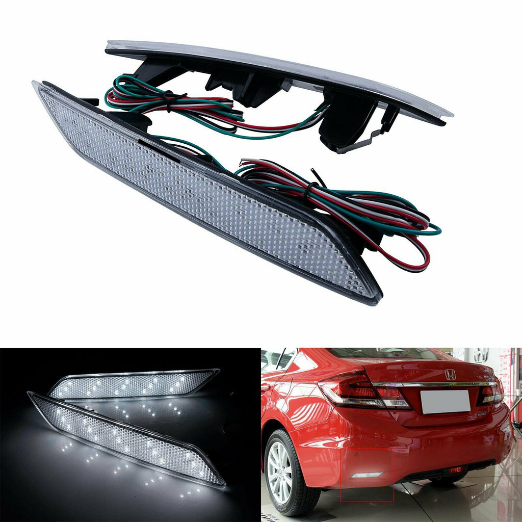 2x Clear Len LED Rear Bumper Reflector Brake Lights For 13-15 Honda Civic Sedan/4DR Only OEM#33505TR0A51, 33505-TR0-A51/33555-TR0-A51, 33555TR0A51