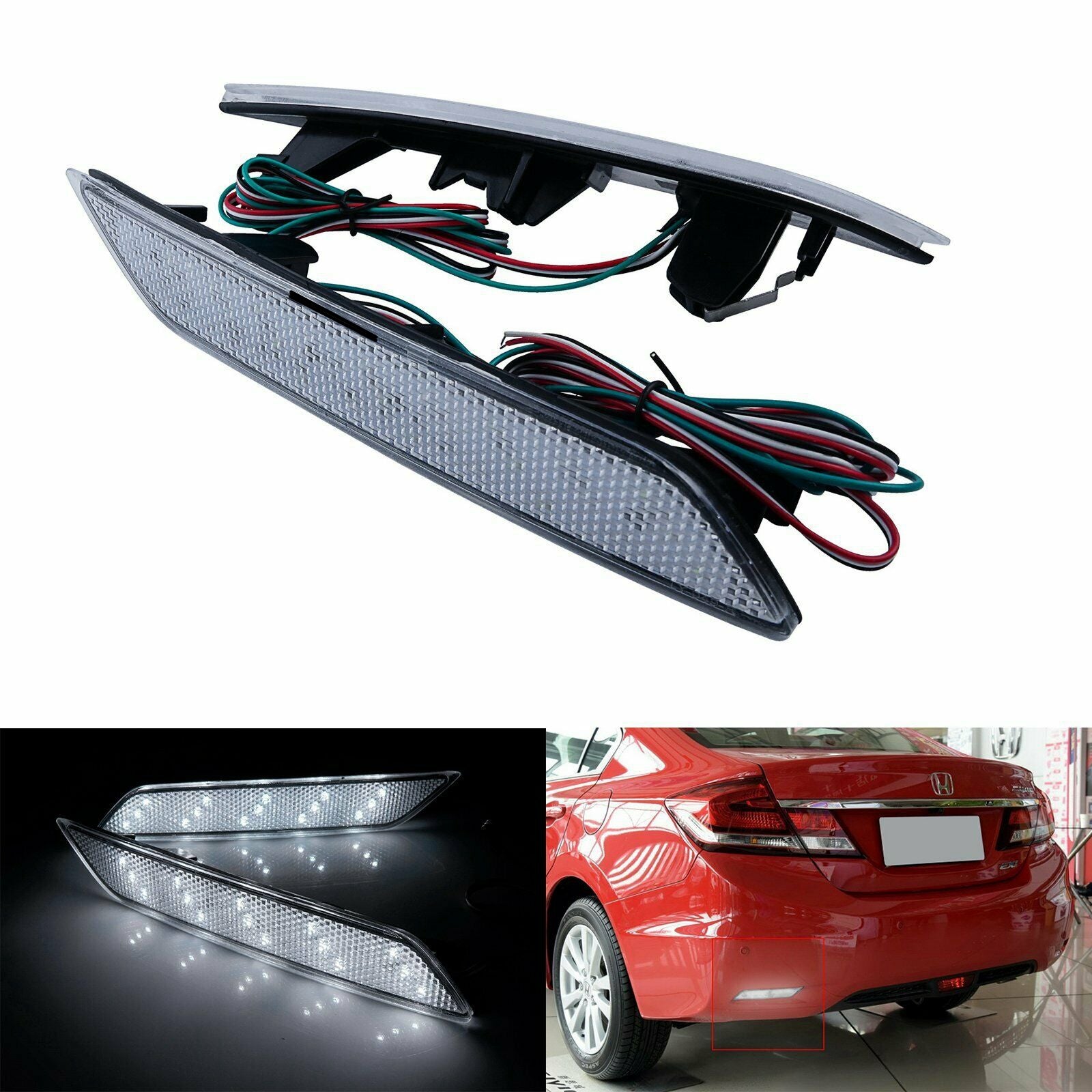 2x Clear Len LED Rear Bumper Reflector Brake Lights For 13-15 Honda Civic Sedan/4DR Only OEM#33505TR0A51, 33505-TR0-A51/33555-TR0-A51, 33555TR0A51