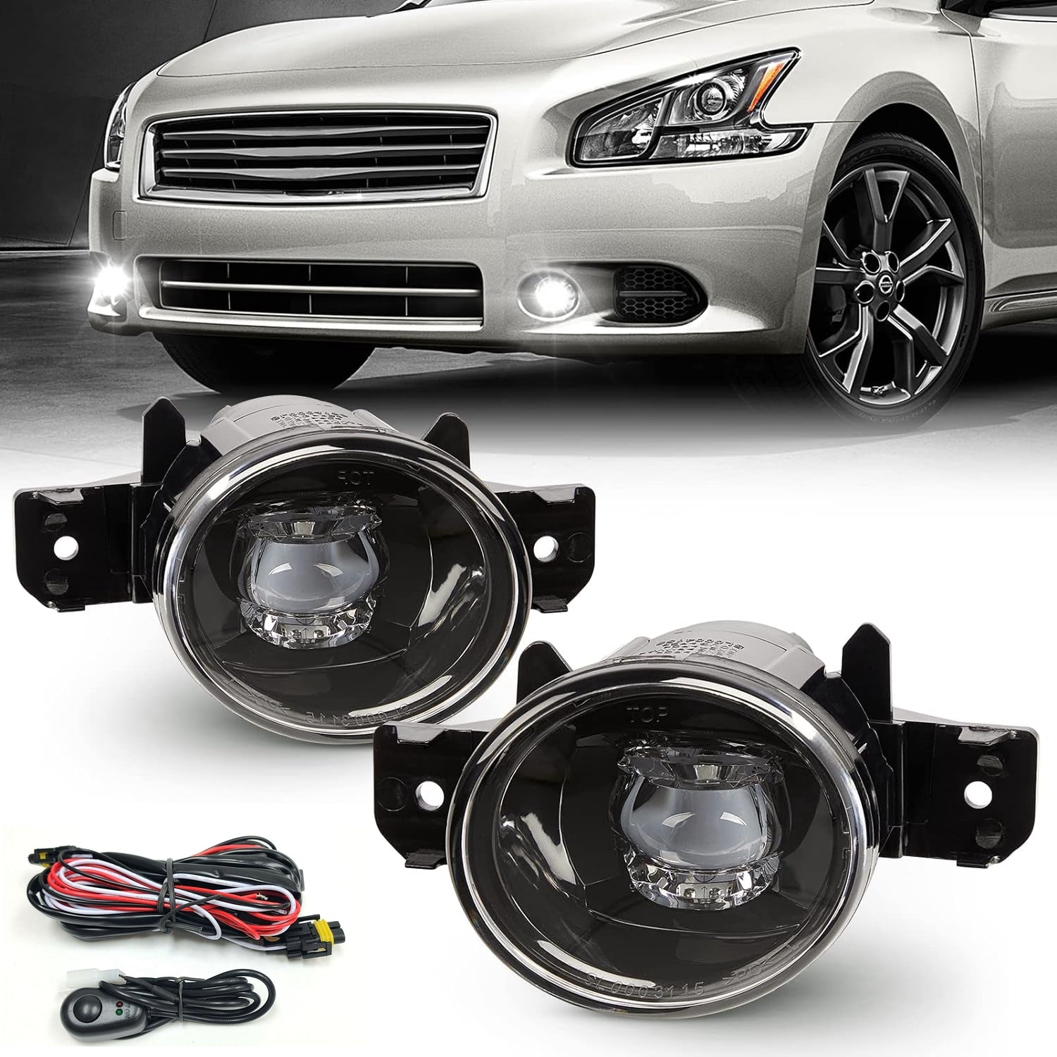 Built-in LED Fog Lights Kit for 2011 Infiniti G37 (OE Style, Clear Lens) with Switch, Wires, Relay OEM#NI2593122 / NI2592122, 261559B91C / 261509B91C