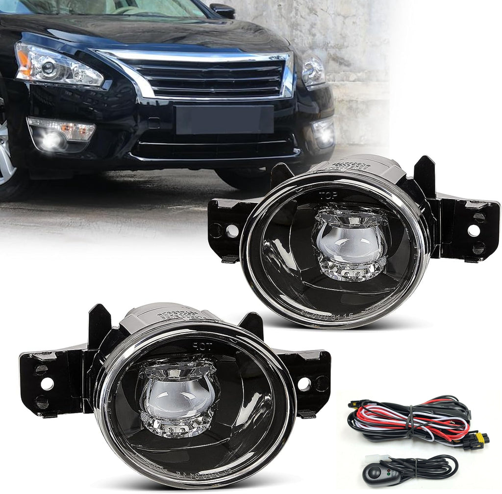 Built-in LED Fog Lights Kit for Infiniti M35 / M45 JX35 QX60 Nissan Sentra Altima Sedan Coupe Rogue Maxima Murano Versa Pathfinder (OE Style, Clear Lens) with Switch, Wires, Relay OEM#NI2593122 / NI2592122, 261559B91C / 261509B91C