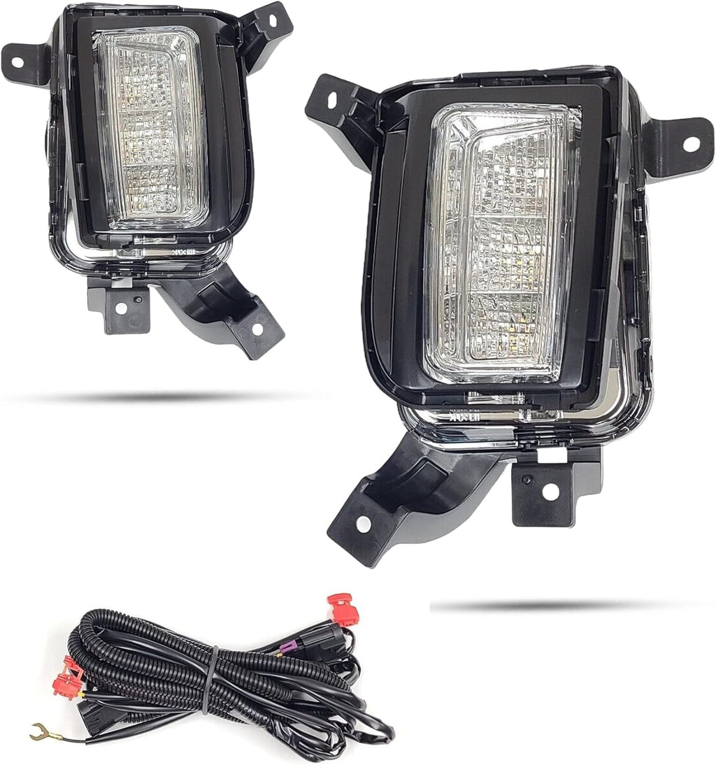 Clear Lens LED Fog Lights Kit For 2016-2017 GMC Terrain Denali, SL, SLE, SLT Trim Replacement Bezel Day Time Running Light DRL Amber Signal With Wires OEM# 84042389, 84042390 GM2562112, GM2563112,23372631, 23372632 GM1038190, GM1039190