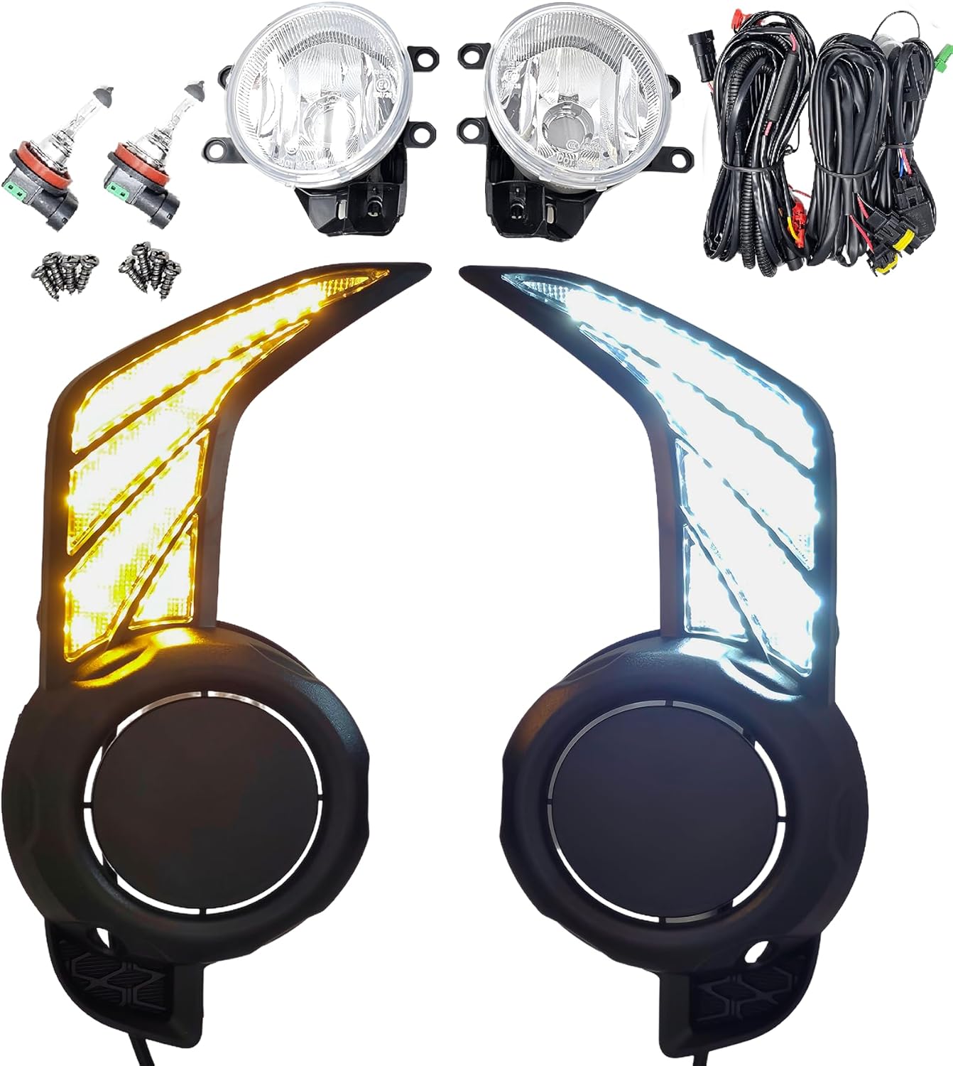 LED White DRL Amber Signal Fog Lights And Bezel Set For 2014-2023 Toyota 4Runner SR5 Base TRD Trail Sport OEM#5212735100, 5212835080 8121012230, 8122012230 TO1038173, TO1039173 TO2593126, TO2592126