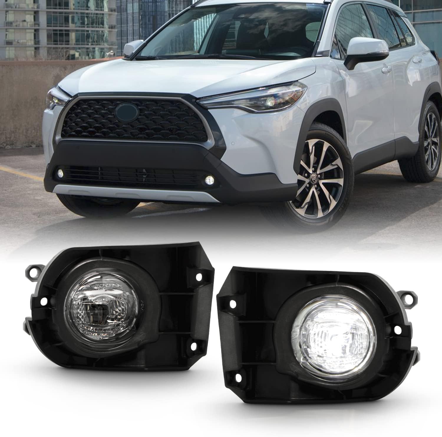 For 2022 2023 2024 Toyota Corolla Cross 6000k White LED Fog Light Kit Assembly Upgrade - OE Style Aftermarket Parts - Clear Lens Complete with Bezels Switch  and Wires