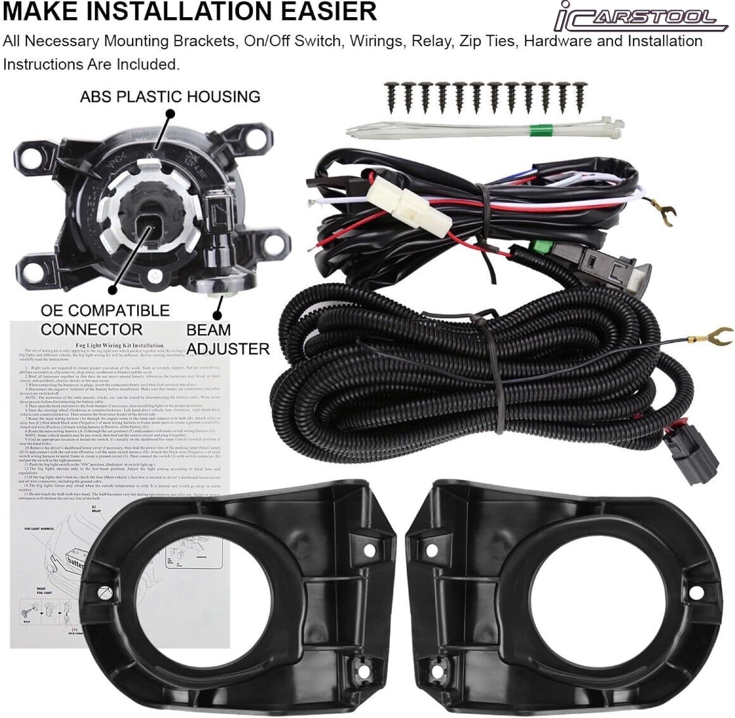 For 2022 2023 2024 Toyota Corolla Cross 6000k White LED Fog Light Kit Assembly Upgrade - OE Style Aftermarket Parts - Clear Lens Complete with Bezels Switch  and Wires