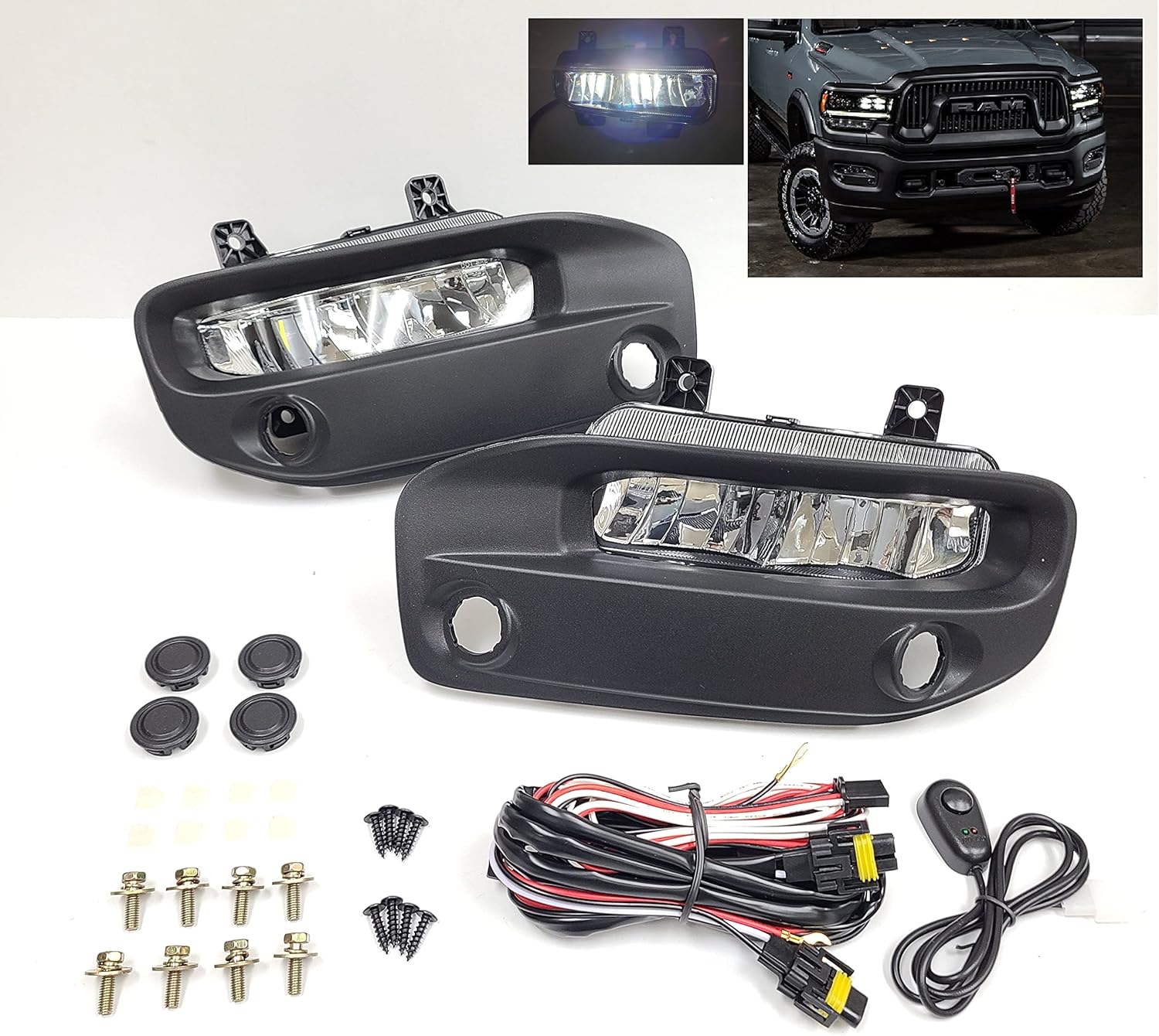 Clear Lens Fog Lights Kit For 2019-2024 Ram 2500 3500, OE Style Clear Lens Built-In LED Fog Lamps Assembly With Mounting Brackets Wire Harness Switch Bezels OEM# ‎68273291AB, 68273292AB, 68449338AA