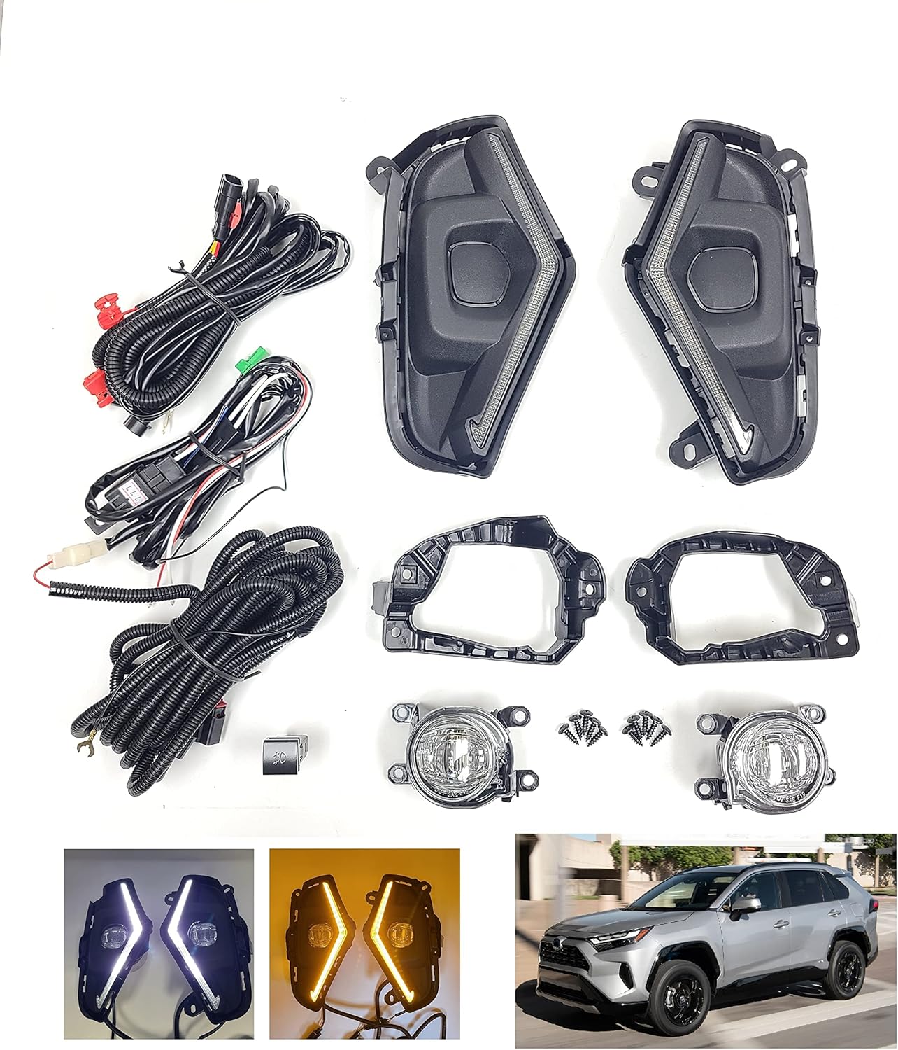 Dual Color LED Fog Driving Lights Kit Wire Switch Bezel For 2019 2020 2021 2022 2023 2024 Toyota Rav4 Rav 4 White DRL Amber Signal Sequential Accessories Lamps