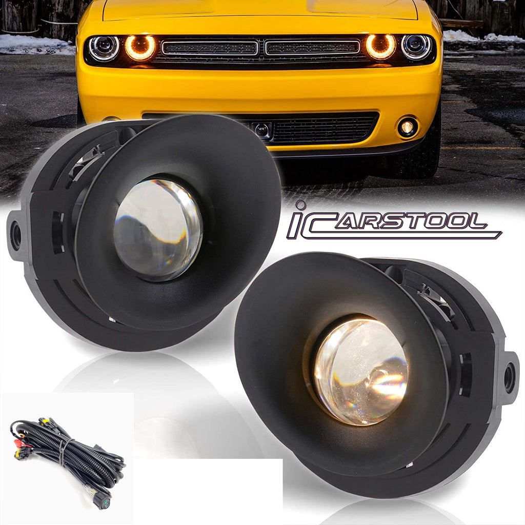 Clear Lens Halogen Fog Lights Kit For 2015-2023 Dodge Challenger Switch Bezel Wires Assembly 55W  4300K  H8 / H11 OEM# 5182021AB,68259663AA, 68259662AA ,CH2594105,CH1038177, CH1039177