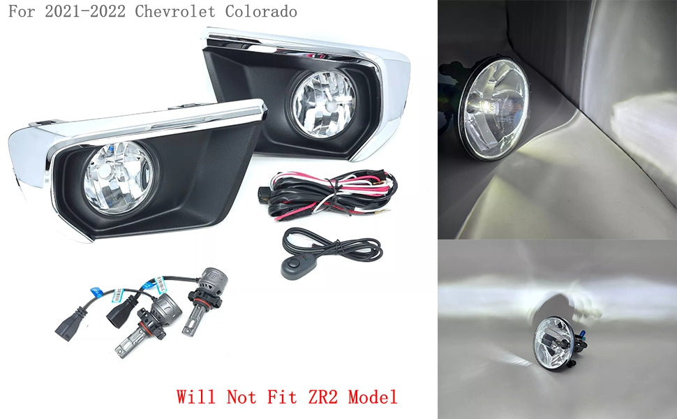 Clear Lens LED Fog Lights Kit For 2021-2022 Chevrolet Chevy Colorado with Wires Switch Chrome Bezel 5202 Bulbs Relay OEM# 15839896, GM2590104,84750570 / 84750569,GM1039271 GM1038271