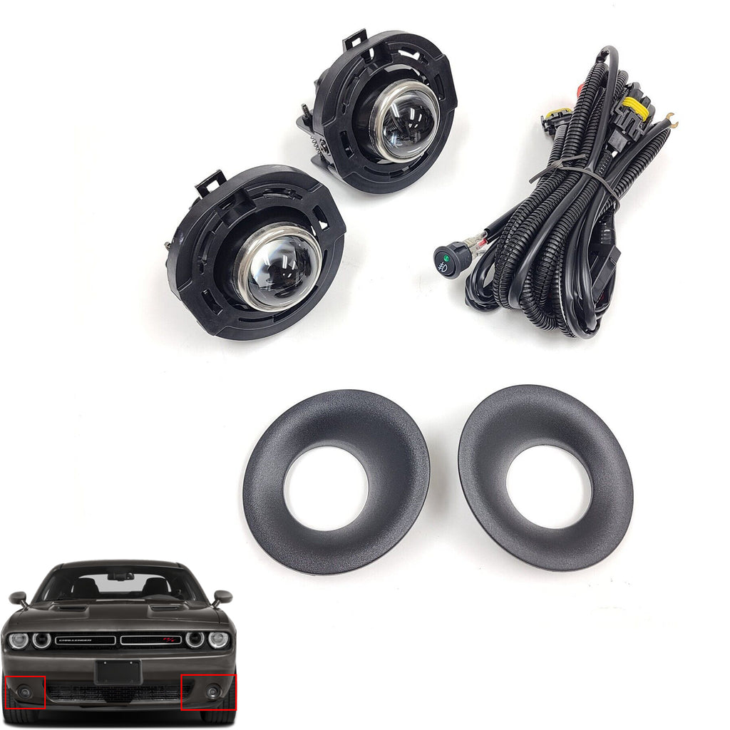 Clear Lens Halogen Fog Lights Kit For 2015-2023 Dodge Challenger Switch Bezel Wires Assembly 55W  4300K  H8 / H11 OEM# 5182021AB,68259663AA, 68259662AA ,CH2594105,CH1038177, CH1039177