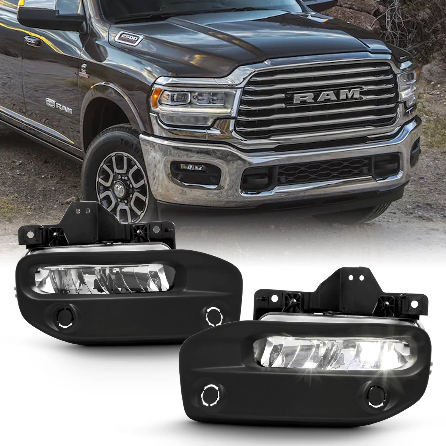 Clear Lens Fog Lights Kit For 2019-2024 Ram 2500 3500, OE Style Clear Lens Built-In LED Fog Lamps Assembly With Mounting Brackets Wire Harness Switch Bezels OEM# ‎68273291AB, 68273292AB, 68449338AA