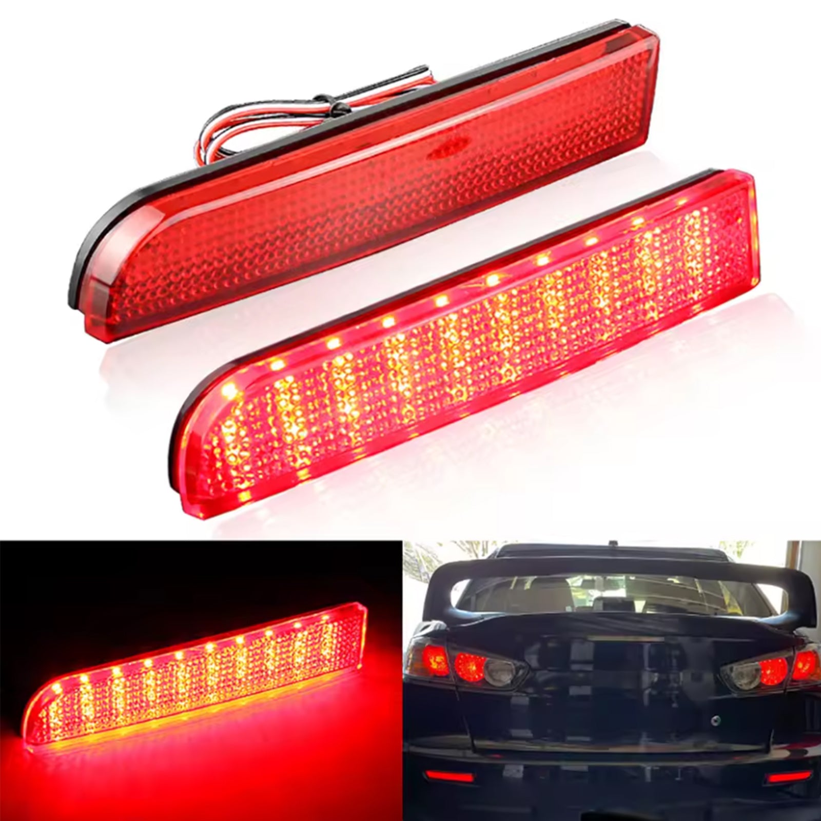 For 2008-2017 Mitsubishi Lancer EVO 2x Red Lens LED Bumper Reflect Brake Light Lamps