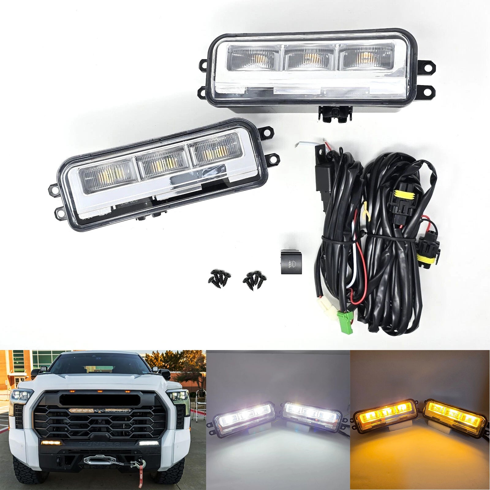 Clear Lens LED Fog Light Kit For 2023-2025 Toyota Sequoia with Wires Switch Relay Dual-Colors With Additional Signal Light Function