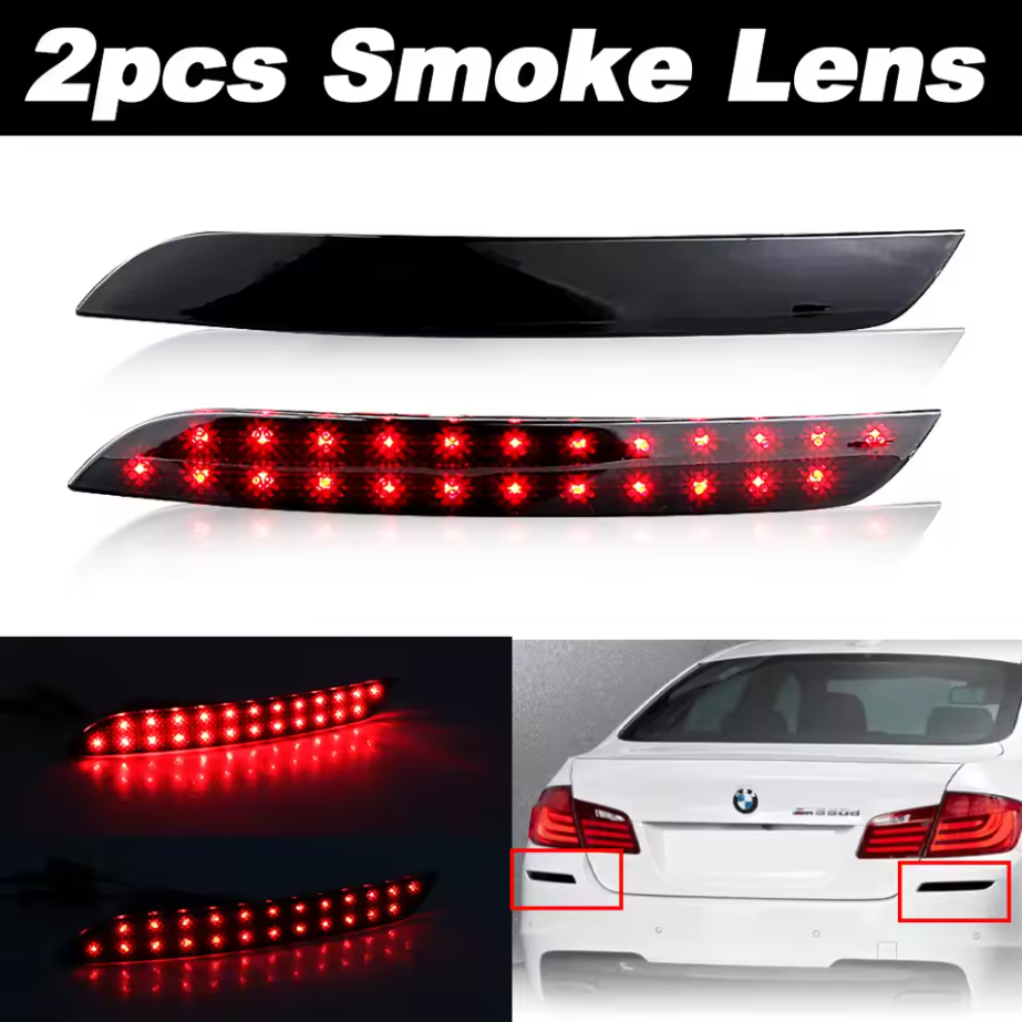 2x Smoked Lens LED Bumper Reflector Tail Brake Lights For 2009-2014 BMW F10 F11 F18 5-series 520d, 520i, 523i, 525d, 528i, 530d, 530i, 535d, 535i, 550i, ActiveHybrid (will NOT fit M5 or 5-series with M Sport aerodynamic kit)