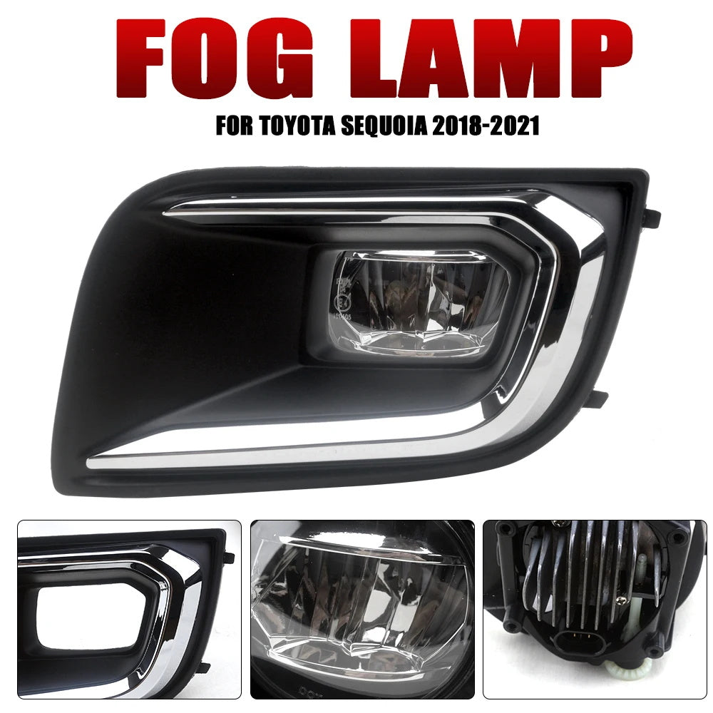Clear Lens LED Fog Driving Lights Kit For 2018-2022 Toyota Sequoia Chrome Bezel Wire Harness Switch Kit Assembly OEM#81210-0C030 / 81220-0C030 TO2592140 / TO2593140 52030-0C020 / 52040-0C020 TO1038219 / TO1039219
