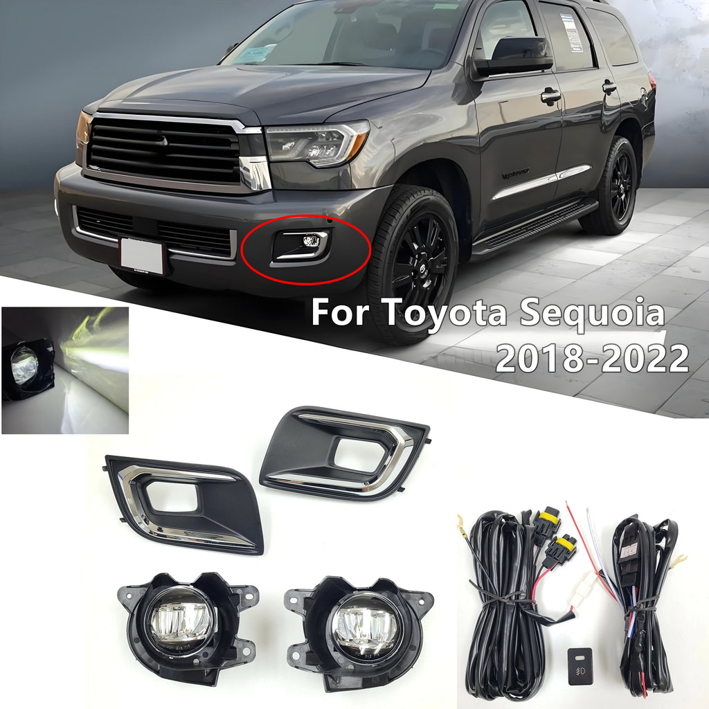 Clear Lens LED Fog Driving Lights Kit For 2018-2022 Toyota Sequoia Chrome Bezel Wire Harness Switch Kit Assembly OEM#81210-0C030 / 81220-0C030 TO2592140 / TO2593140 52030-0C020 / 52040-0C020 TO1038219 / TO1039219