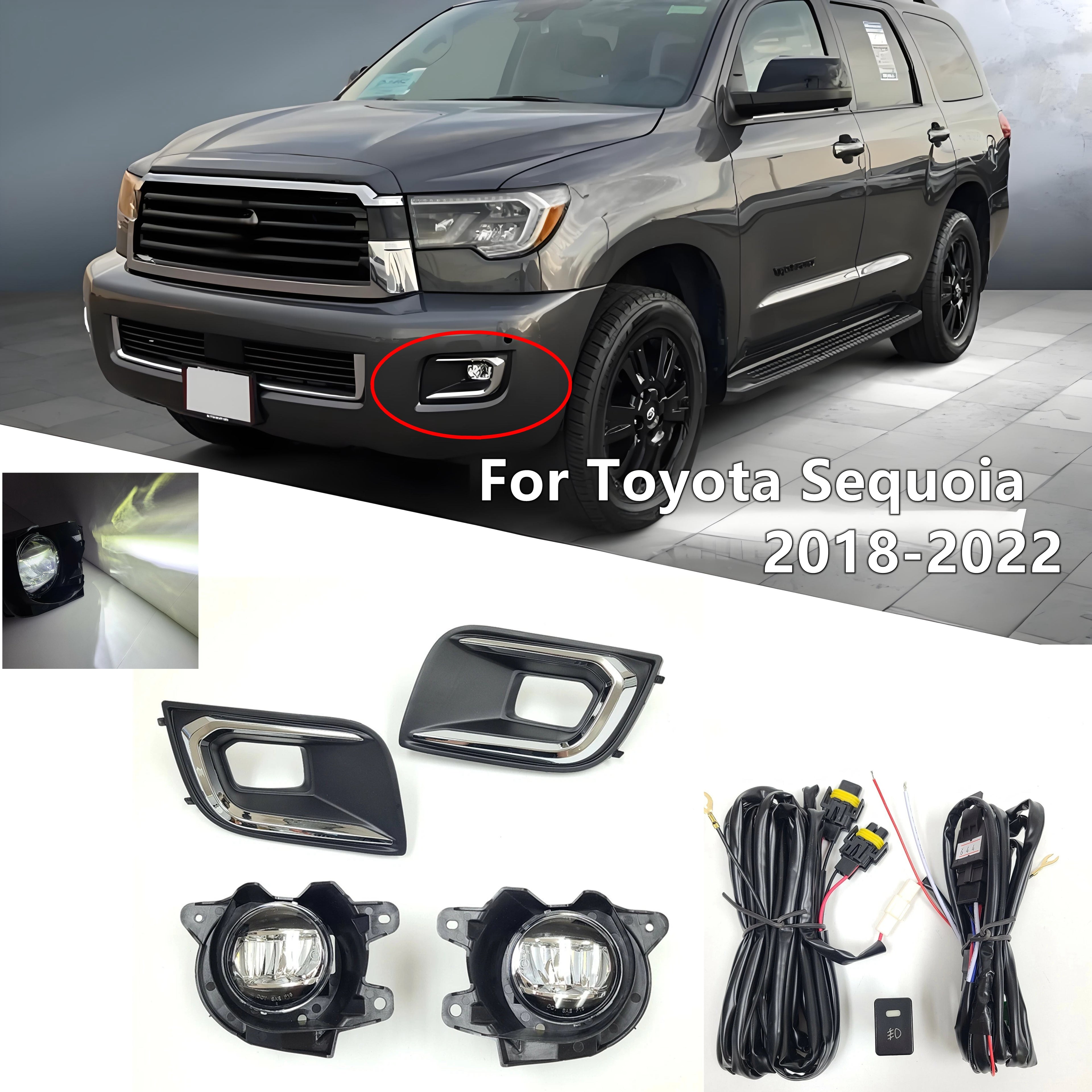 Clear Lens LED Fog Driving Lights Kit For 2018-2022 Toyota Sequoia Chrome Bezel Wire Harness Switch Kit Assembly OEM#81210-0C030 / 81220-0C030 TO2592140 / TO2593140 52030-0C020 / 52040-0C020 TO1038219 / TO1039219