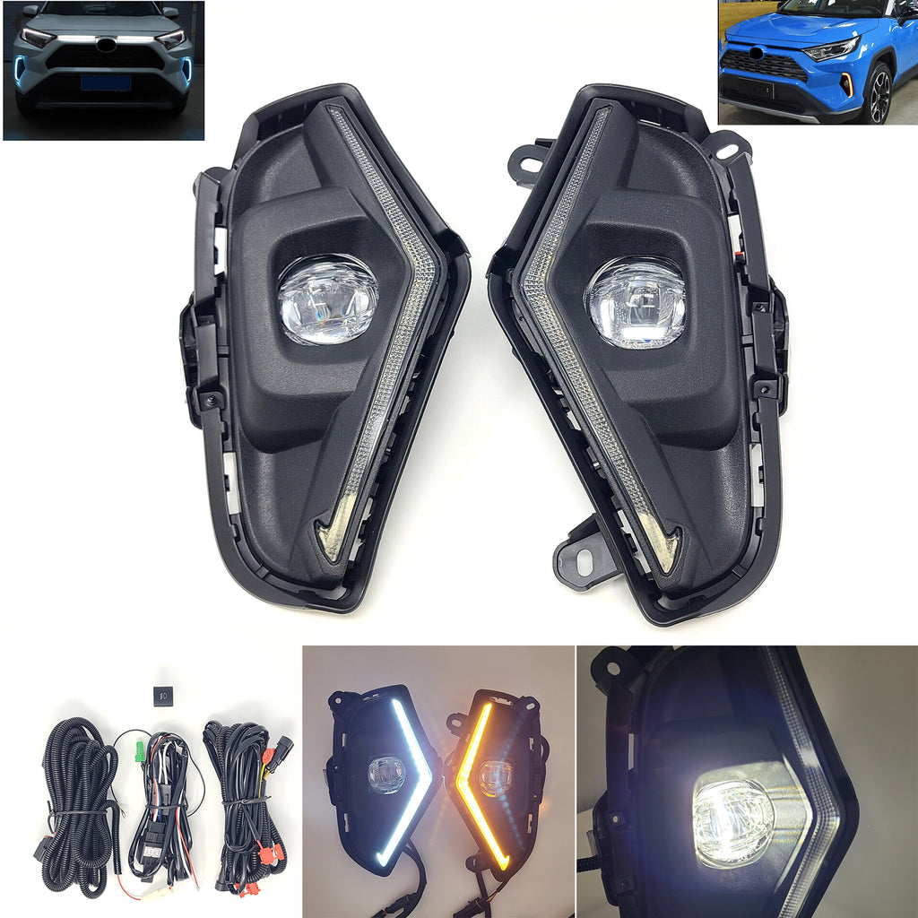 Dual Color LED Fog Driving Lights Kit Wire Switch Bezel For 2019 2020 2021 2022 2023 2024 Toyota Rav4 Rav 4 White DRL Amber Signal Sequential Accessories Lamps