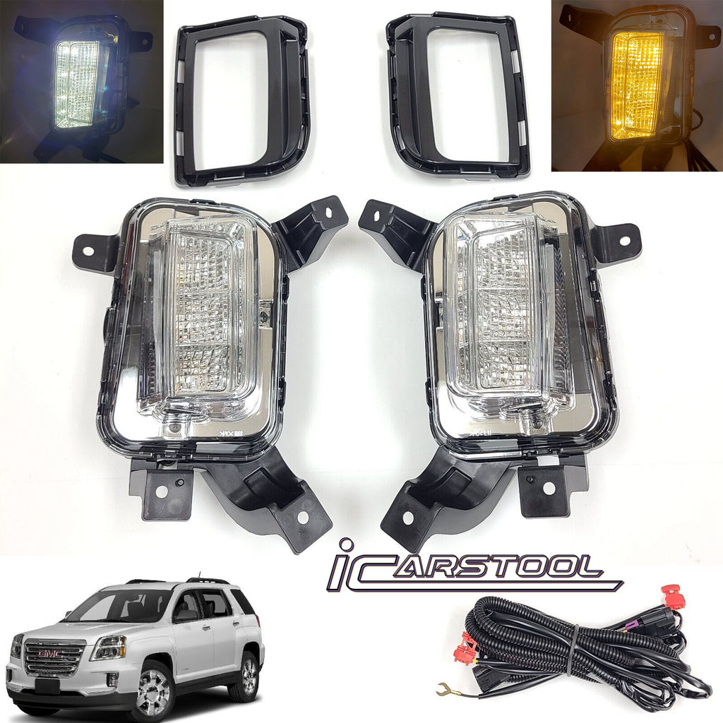 Clear Lens LED Fog Lights Kit For 2016-2017 GMC Terrain Denali, SL, SLE, SLT Trim Replacement Bezel Day Time Running Light DRL Amber Signal With Wires OEM# 84042389, 84042390 GM2562112, GM2563112,23372631, 23372632 GM1038190, GM1039190