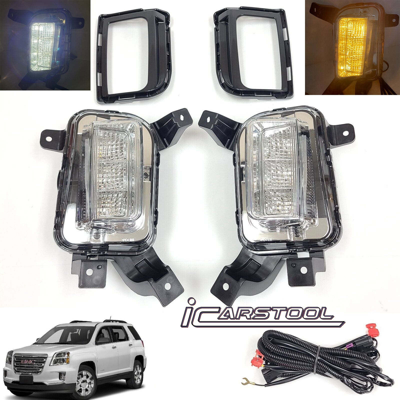 Clear Lens LED Fog Lights Kit For 2016-2017 GMC Terrain Denali, SL, SLE, SLT Trim Replacement Bezel Day Time Running Light DRL Amber Signal With Wires OEM# 84042389, 84042390 GM2562112, GM2563112,23372631, 23372632 GM1038190, GM1039190