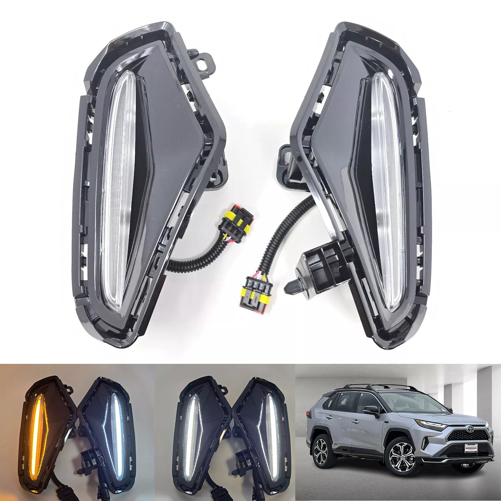 Dual Color LED DRL Signal Fog Light Kit For 2019-2025 Toyota Rav4 LE XLE Hybrid SE XSE with Bezel Wire & Daytime Running Light Amber Turn Signal Light