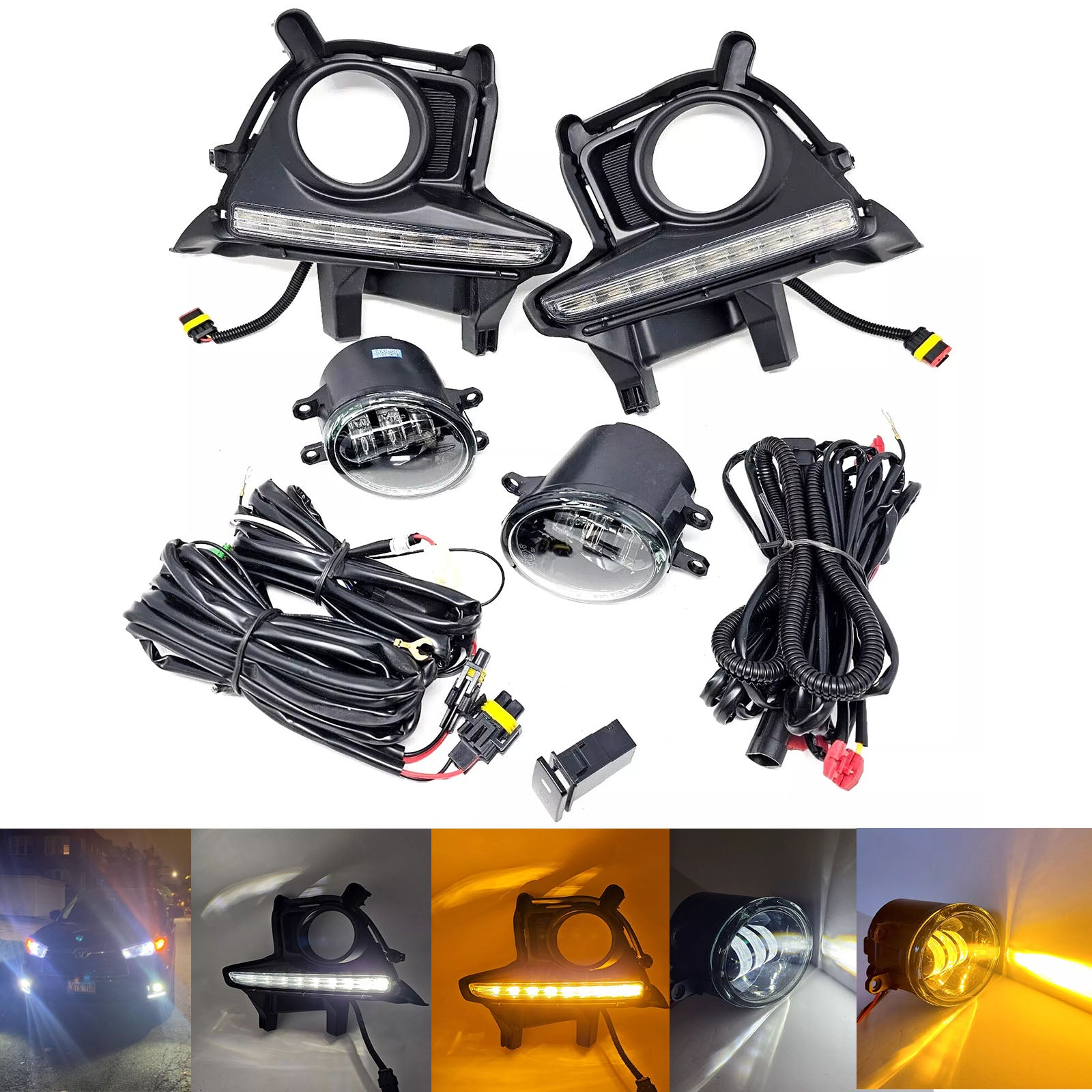 Clear Lens LED Fog Light Assembly With White Color LED DRL / Amber LED Signal Kit For 2014-2016 Highlander Switch Bezel Wire Kit Upgrade