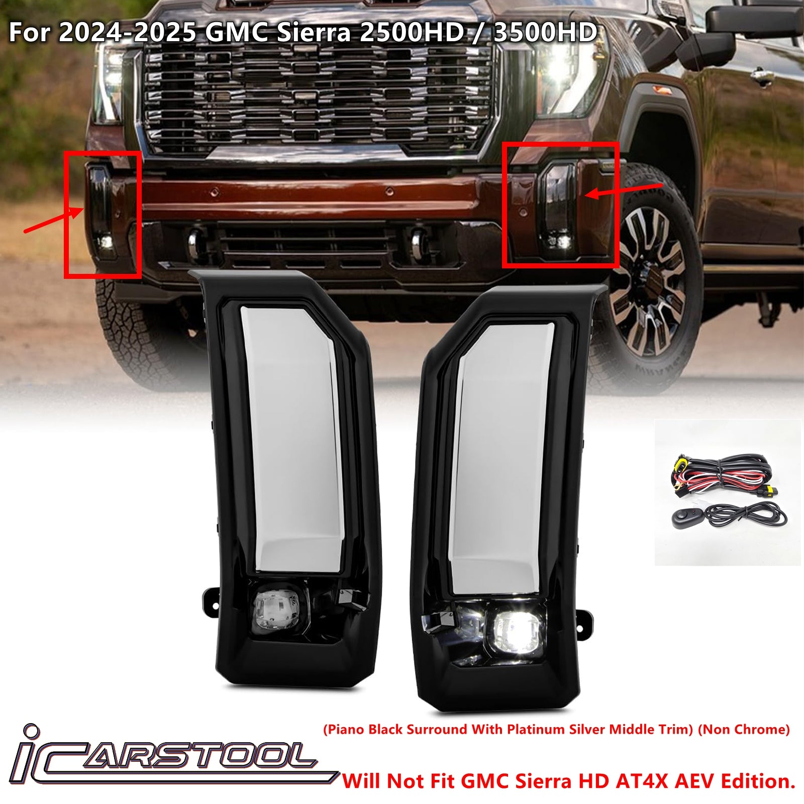 For 2024-2025 GMC Sierra 2500HD / 3500HD LED Fog Light Kit with Switch Bezel Wire Silver