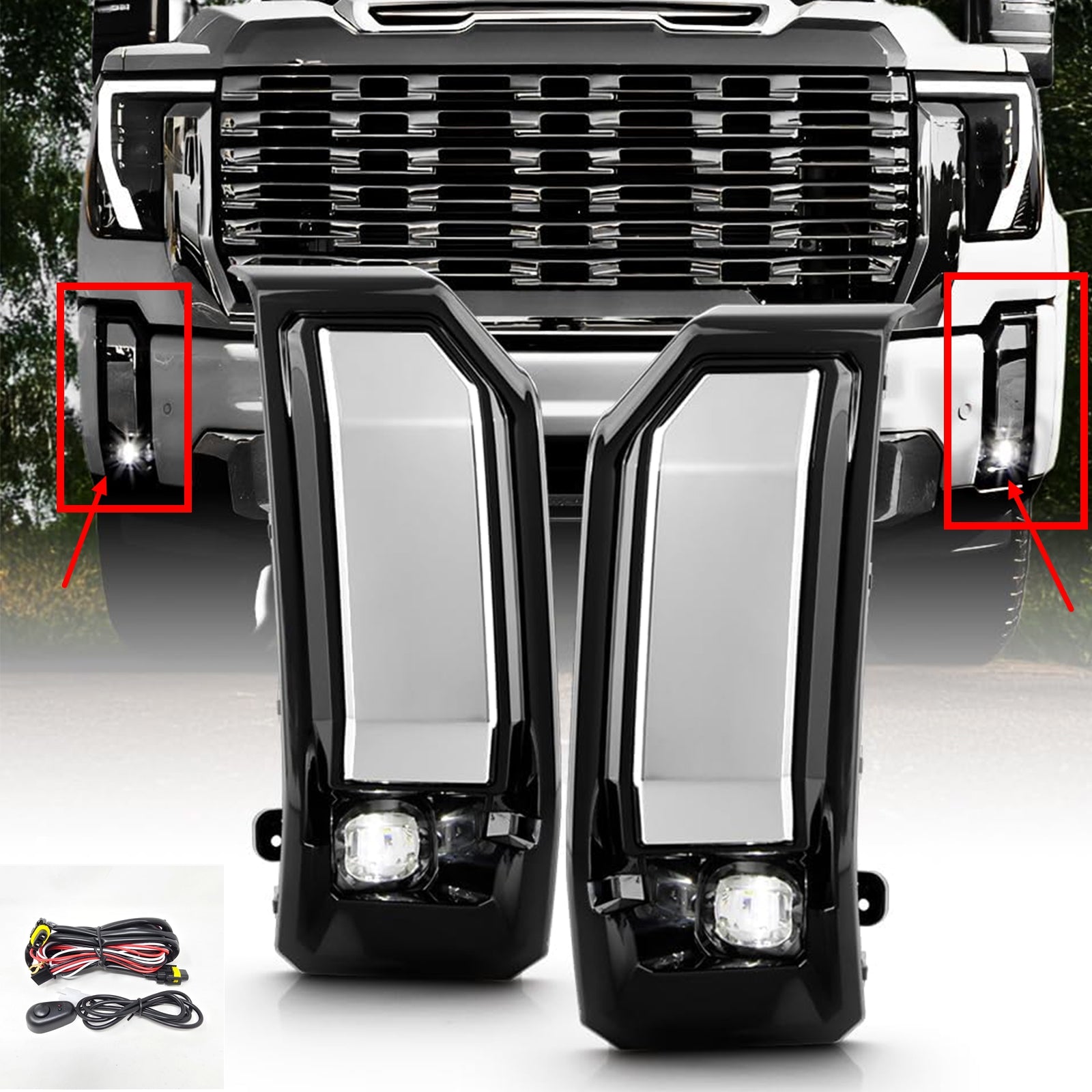 For 2024-2025 GMC Sierra 2500HD / 3500HD LED Fog Light Kit with Switch Bezel Wire Silver