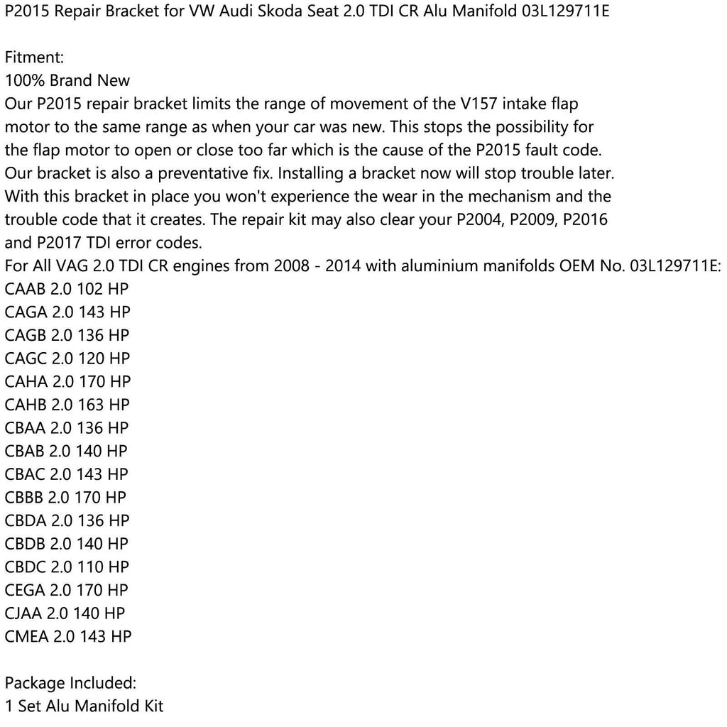 P2015 Code Repair Bracket For Common Rail TDI with Aluminum Manifold 2009-2014
