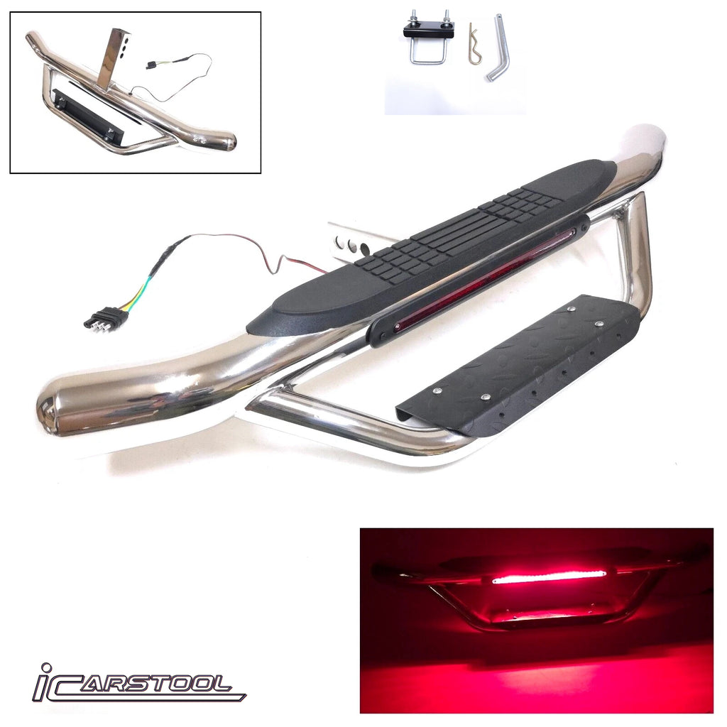 36" Tow Hitch Drop Step Bar Guard with LED Brake Light 6.5" Round End Chrome Finish for 2" Receiver Truck Heavy Duty Steel Anti Slip Pad