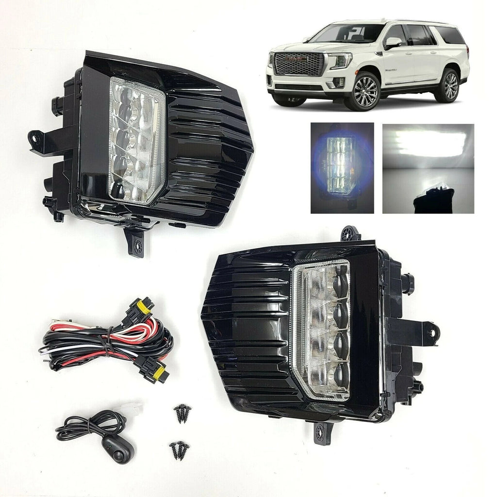 Clear Lens LED Fog Lights Kit For 2021-2023 GMC Yukon / Yukon XL with Switch Wire Bezel OEM# 84513247 / 84513246 / 84739476 / 84739475 GM2593331 / GM2592331 / GM2593335 / GM2592335