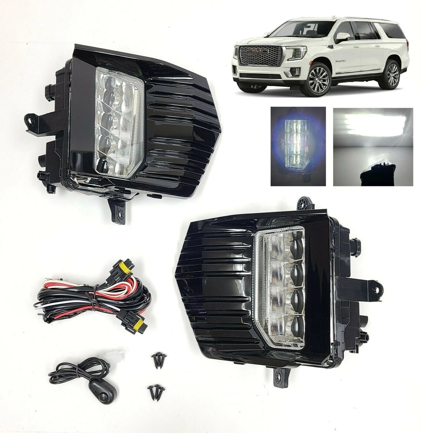 Clear Lens LED Fog Lights Kit For 2021-2023 GMC Yukon / Yukon XL with Switch Wire Bezel OEM# 84513247 / 84513246 / 84739476 / 84739475 GM2593331 / GM2592331 / GM2593335 / GM2592335